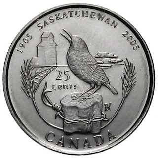 2005 Centennial Quarter<br />
Designed by Saskatchewan wildlife artist Paulette Sapergia.